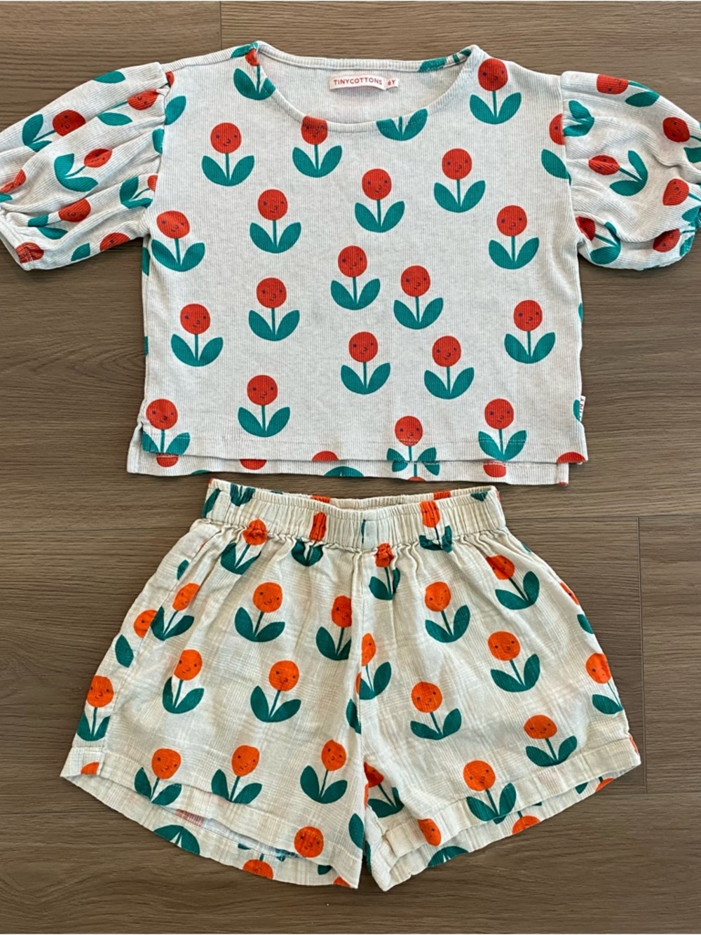 Tinycottons Orange Floral Puff Sleeve Top & Shorts Set Girl’s Size 6Y